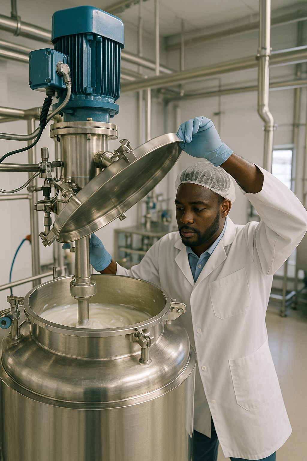 MADE production operator inspecting a stainless steel mixing vessel on the factory floor