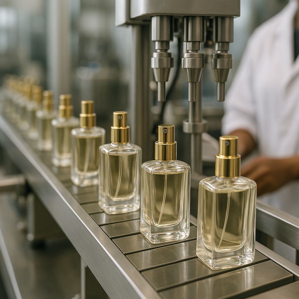 Glass bottles with gold caps moving along an automated filling line at the MADE facility