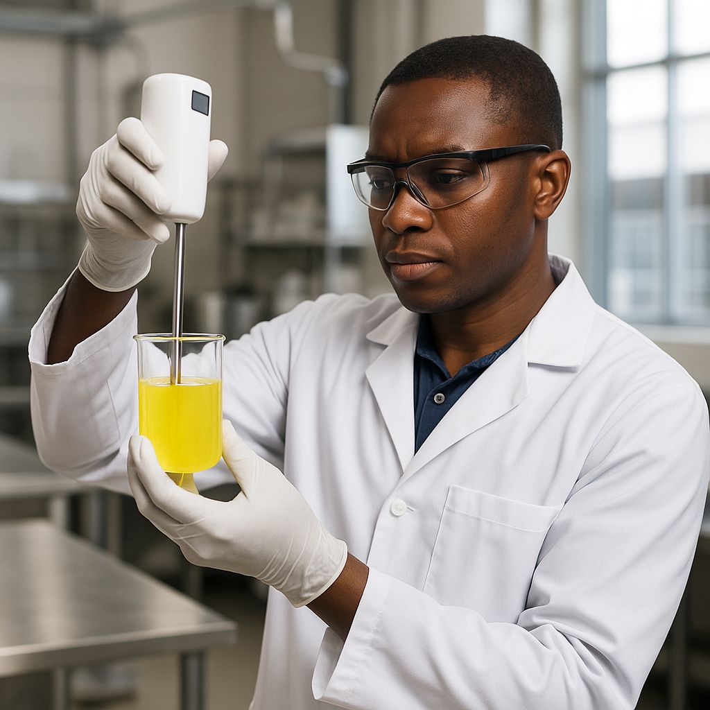 MADE laboratory technician performing viscosity testing on a personal-care formulation